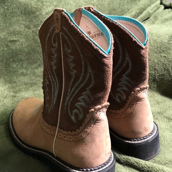 Ariat Womens Fatbaby Heritage Western Cowboy Boots 10B Suede Tan Blue Pull On - Picture 9 of 16